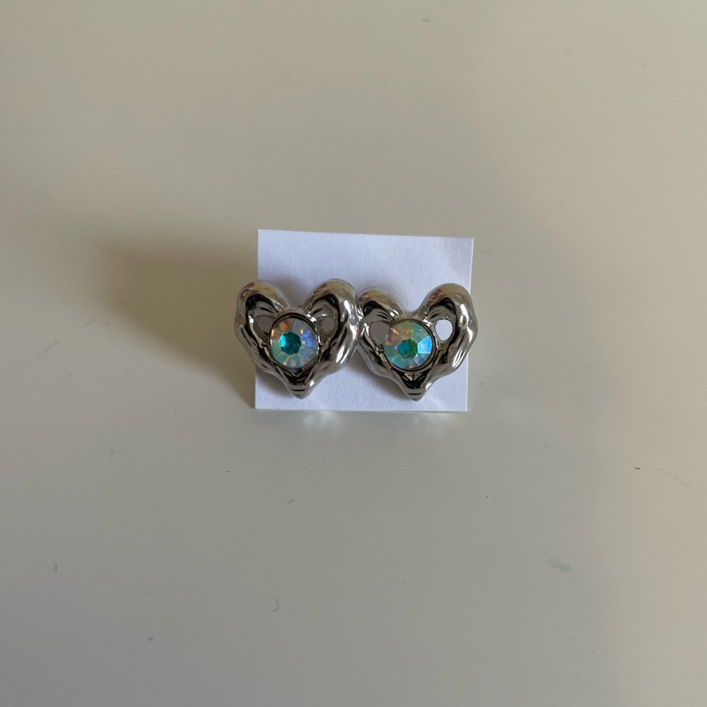 Silver Heart Stud Earrings with Iridescent Crystal